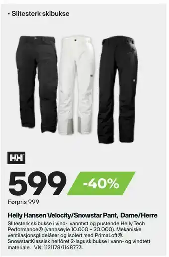 XXL Sport Helly Hansen Velocity/Snowstar Pant, Dame/Herre tilbud
