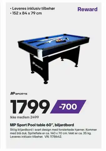 XXL Sport MP Sport Pool table 60'', biljardbord tilbud