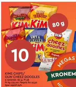 Coop Mega KIMS CHIPS/ OLW CHEEZ DOODLES, NOK 10 tilbud