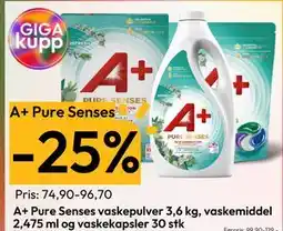Gigaboks A+ Pure Senses. -25%. A+ Pure Senses vaskepulver 3,6 kg, vaskemiddel 2,475 ml og vaskekapsler 30 stk tilbud