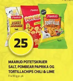 Bunnpris MAARUD POTETSKRUER SALT, POMBEAR PAPRIKA OG TORTILLACHIPS CHILI & LIME, NOK 25 tilbud