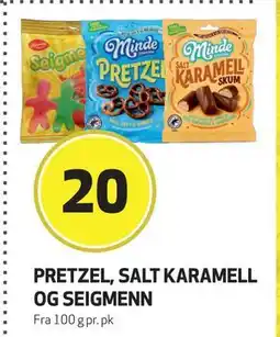 Bunnpris PRETZEL, SALT KARAMELL OG SEIGMENN, NOK 20 tilbud