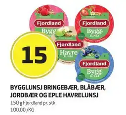 Bunnpris BYGGLUNSJ BRINGEBÆR, BLÅBÆR, JORDBÆR OG EPLE HAVRELUNSJ, NOK 15 tilbud