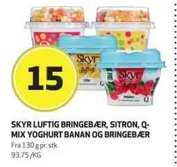 Bunnpris SKYR LUFTIG BRINGEBÆR, SITRON, Q-MIX YOGHURT BANAN OG BRINGEBÆR, NOK 15 tilbud
