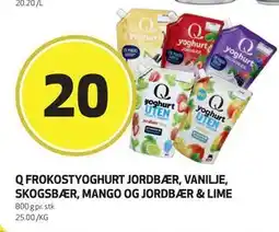 Bunnpris Q FROKOSTYOGHURT JORDBÆR, VANILJE, SKOGSBÆR, MANGO OG JORDBÆR & LIME, NOK 20 tilbud