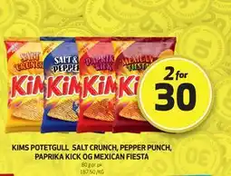 Bunnpris KIMS POTETGULL SALT CRUNCH, PEPPER PUNCH, PAPRIKA KICK OG MEXICAN FIESTA, NOK 30 tilbud