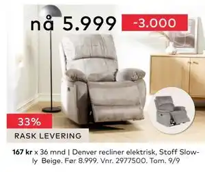 Skeidar Denver recliner, NOK 5999 tilbud