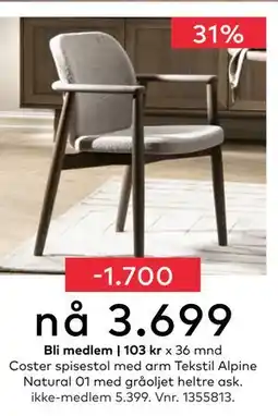 Skeidar Coster spisestol med arm, NOK 5399, Medlemspris tilbud