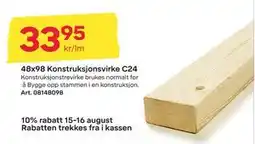 Byggmax 48x98 Konstruksjonsvirke C24, NOK 33.95 tilbud