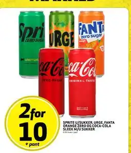 Bunnpris SPRITE U/SUKKER, URGE, FANTA ORANGE ZERO OG COCA-COLA SLEEK M/U SUKKER, NOK 10 tilbud