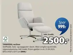 JYSK TANKEDAL recliner, NOK 2500 tilbud