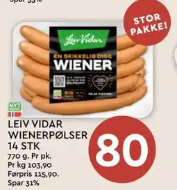 Coop Mega LEIV VIDAR WIENERPØLSER 14 STK, NOK 80 tilbud