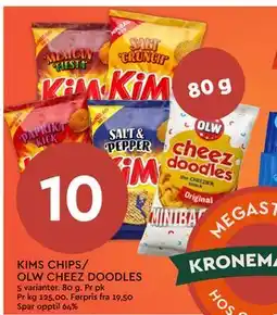 Coop Mega KIMS CHIPS/ OLW CHEEZ DOODLES, NOK 10 tilbud
