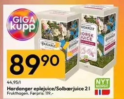 Gigaboks Hardanger eplejuice/Solbærjuice 2 l, NOK 89.9 tilbud