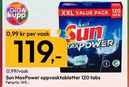 Gigaboks Sun MaxPower oppvasktabletter 120 tabs, NOK 119 tilbud