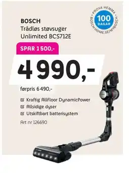 ELON BOSCH Trådløs støvsuger Unlimited BCS712E, NOK 4990 tilbud