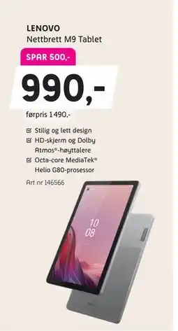 ELON LENOVO Nettbrett M9 Tablet, NOK 990 tilbud