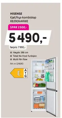 ELON HISENSE Kjøl/frys-kombiskap RB390N4AWE, NOK 5490 tilbud