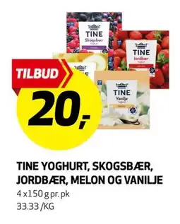 Bunnpris TINE YOGHURT, SKOGSBÆR, JORDBÆR, MELON OG VANILJE, NOK 20 tilbud