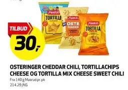 Bunnpris OSTERINGER CHEDDAR CHILI, TORTILLACHIPS CHEESE OG TORTILLA MIX CHEESE SWEET CHILI, NOK 30 tilbud
