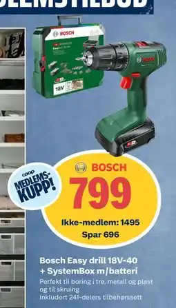 Obs Bygg Bosch Easy drill 18V-40 + SystemBox m/batteri, NOK 1495, Medlemspris tilbud