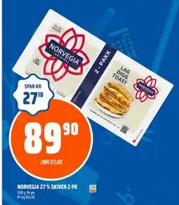 Coop Obs NORVEGIA 27 % SKIVER 2-PK, NOK 89.9 tilbud