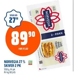 Coop Obs NORVEGIA 27 % SKIVER 2 PK, NOK 89.9 tilbud