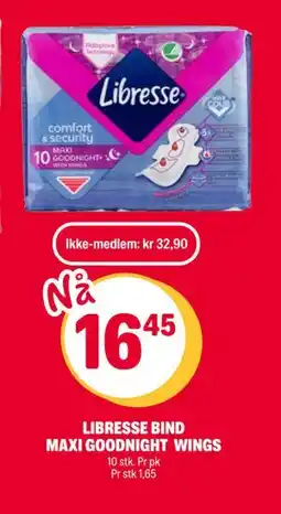 Coop Extra LIBRESSE BIND MAXI GOODNIGHT WINGS, NOK 32.9, Medlemspris tilbud