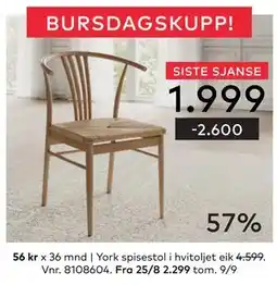 Skeidar York spisestol, NOK 1999 tilbud