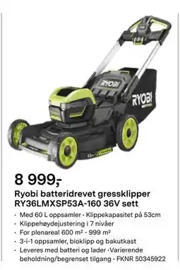 Felleskjøpet Ryobi batteridrevet gressklipper RY36LMXSP53A-160 36V sett, NOK 600 tilbud