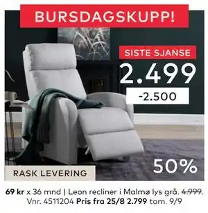 Skeidar Leon recliner, NOK 2499 tilbud