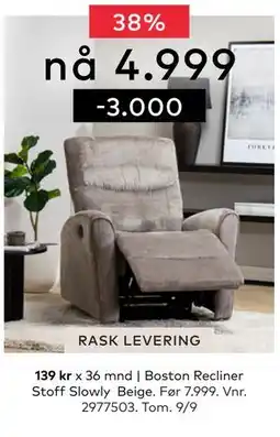 Skeidar Boston Recliner Stoff Slowly Beige, NOK 4999 tilbud