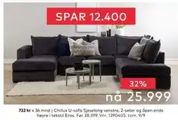 Skeidar Chillux U-sofa, NOK 25999 tilbud