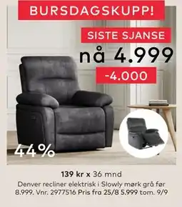 Skeidar Denver recliner elektrisk i Slowly mørk grå, NOK 4999 tilbud