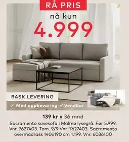 Skeidar Sacramento sovesofa i Malmø lysegrå, NOK 4999 tilbud