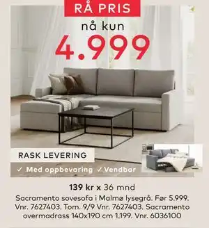 Skeidar Sacramento sovesofa i Malmø lysegrå, NOK 4999 tilbud