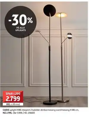 Bohus CADIZ. uplight H186 integrert 2 lyskilder dimbarmessing svart/messing, NOK 2799 tilbud