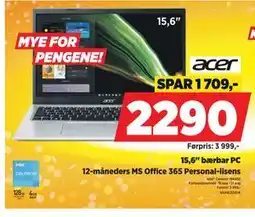 POWER 15,6 bærbar PC, NOK 2290 tilbud