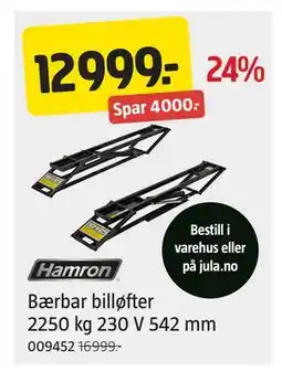 Jula Bærbar billøfter 2250 kg 230 V 542 mm, NOK 12999 tilbud