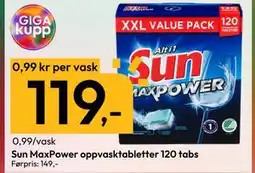 Gigaboks 0,99 kr per vask. Sun MaxPower oppvasktabletter 120 tabs. Førpris: 149,-, NOK 119 tilbud