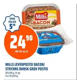 Coop Obs MILLS LEVERPOSTEI BACON/ STRYHNS DANSK GROV POSTEI, NOK 24.9 tilbud