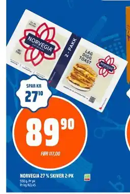 Coop Obs NORVEGIA 27 % SKIVER 2-PK, NOK 89.9 tilbud