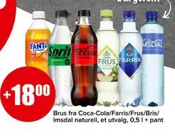 Spar Brus fra Coca-Cola/Farris/Frus/Bris/ Imsdal naturell, NOK 18 tilbud