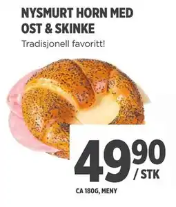 Meny NYSMURT HORN MED OST & SKINKE, NOK 49.9 tilbud