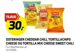 Bunnpris OSTERINGER CHEDDAR CHILI, TORTILLACHIPS CHEESE OG TORTILLA MIX CHEESE SWEET CHILI, NOK 30 tilbud