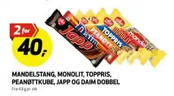 Bunnpris MANDELSTANG, MONOLIT, TOPPRIS, PEANØTTKUBE, JAPP OG DAIM DOBBEL, NOK 40 tilbud