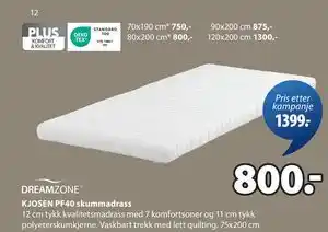 JYSK KJOSEN PF40 skummadrass, NOK 800 tilbud