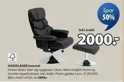 JYSK HASSELAGER lenestol, NOK 2000 tilbud