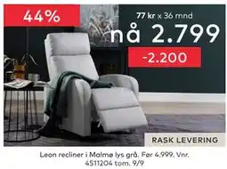 Skeidar Leon recliner i Malmø lys grå, NOK 2799 tilbud