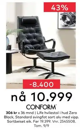 Skeidar Life hvilestol i hud Zero Black, NOK 10999 tilbud
